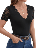 1 x RAW Customer Returns GORGLITTER Women s Elegant Lace T-Shirt V-Neck Top Stretch Tops Short Sleeve Shirt with Contrast Lace Black XS - RRP €22.18