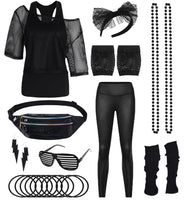 1 x RAW Customer Returns 80s 90s outfit women s mesh shirt, tank top, leggings, mesh gloves, bum bag, hairband, earring, bracelet, necklace, 80s costume accessories neon clothing 80s aerobic bad taste outfit FR041XL - RRP €30.24