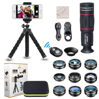 1 x RAW Customer Returns 15 in 1 camera lens kit 18x telephoto lens, wide angle lens, macro lens, fisheye lens, kaleidoscope lens, CPL flow star, tripod, remote shutter release for most smartphones - RRP €33.99