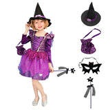 2 x RAW Customer Returns REIWIDE Halloween Girls Witch Costume Bat Costume Children s Party Witch Purple Dress - Devil Wizard Dress Up Cosplay Costume Candy Bag - Magic Wand - Clothes - Hat 120  - RRP €37.9