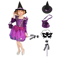 9 x Brand New REIWIDE Halloween Girls Witch Costume Bat Costume Children s Party Witch Purple Dress - Devil Wizard Dress Up Cosplay Costume Candy Bag - Magic Wand - Clothes - Hat 130  - RRP €170.55