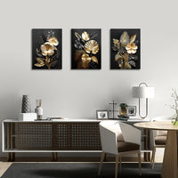 1 x RAW Customer Returns 3 Panels 3D Black Gold Flowers With Frame Canvas Pictures Monstera Coconut Leaves Picture on Canvas Painting Poster Wall Pictures Living Room Bedroom Bathroom Wall Decoration 90x40cm 12 x16 x3pcs  - RRP €30.24