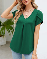 1 x Brand New Women s Summer Petal Short Sleeve T-Shirt V-Neck Elegant Blouse Ruffled Printed Tunic Tops Top 2023, A Dark Green, M - RRP €26.94