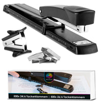 1 x RAW Customer Returns OfficeTree Long Arm Stapler - Rapid Stapler with 1 Staple Remover and 1000 Staples - Long Stapler Ideal for Brochures - Large Stapler for DIN A3 Paper - Black Stapler with Paper Guide - RRP €15.18