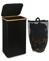 1 x RAW Customer Returns efluky laundry basket with lid, 100 liter high laundry box with bamboo handle and inner pocket, foldable large XXL laundry basket collector, laundry baskets for bedroom bathroom, black - RRP €29.99