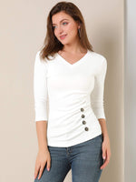 1 x Brand New Allegra K Women s V Neck 3 4 Sleeves Solid Knit Button Decor Ribbed Top White 3XL - RRP €29.99