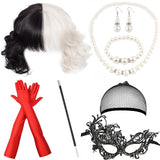 1 x RAW Customer Returns Shinybox Cruella Women s Wig, Pack of 8 70s Accessories, Short Black and White Wig with Gloves, Lace Mask, Pearl Necklace, Bracelet, Earrings, Women s Costume for Carnival Cosplay - RRP €18.99