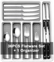 1 x RAW Customer Returns 37-piece cutlery set including cutlery tray, steak knife, knife, fork, spoon, Wildone cutlery inserts, cutlery set for 6 people, stainless steel cutlery mirror polished, dishwasher safe - RRP €30.24