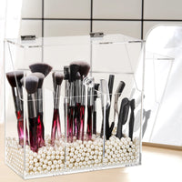 1 x RAW Customer Returns Okllen Makeup Brush Holder with Dustproof Lid, White Pearls, Transparent Acrylic Makeup Brush Organizer with 3 Compartments, Cosmetic Brush Storage Box for Vanity, Bathroom, Bedroom - RRP €23.99