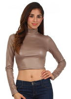 1 x Brand New Sakkas 687121 Matte Liquid Mock Neck Turtleneck Long Sleeve Crop Top - Made in USA - Taupe - L - RRP €32.99