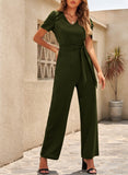 1 x RAW Customer Returns Dokotoo Jumpsuit Women Elegant Short Sleeve Long Overall Trouser Suit V-Neck Casual Loose Playsuit Romper, Green, L - RRP €43.99