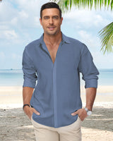 1 x Brand New HMIYA Men s Cotton Linen Shirt Long Sleeve Button Down Regular Fit Stand Collar Shirt, Blue, L - RRP €29.99