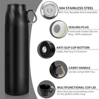 1 x RAW Customer Returns Thermos flask 0.5 l, stainless steel drinking bottle, leak-proof with cup and handle, double-walled vacuum thermos bottle, insulated bottle for coffee, tea, for on the go sports children school baby black  - RRP €18.98