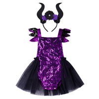 9 x Brand New Odizli Halloween Costume Baby Girl Maleficent Ursula Pumpkin Dress Up Sleeveless Glitter Sequin Romper Tutu Tulle Dress Headband Carnival Cosplay Mardi Gras Costume Purple Maleficent 6-12 Months - RRP €148.23