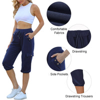 1 x RAW Customer Returns heekpek Capri trousers women s summer 3 4 jogging trousers women s short summer trousers lightweight casual loose elastic drawstring trousers with pockets leisure trousers sweatpants, navy blue, XL - RRP €20.99