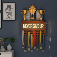 1 x RAW Customer Returns Ammonite Never GIVE UP Lighted Trophy and Medal Holder, Hanger Display Rack for Awards or Ribbons, Sports Themed Ribbon Holder for Wall, Tiered Award Rack - RRP €44.44