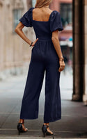 1 x RAW Customer Returns Toplop Jumpsuit Women Elegant Summer Pantsuit with Square Neckline and Belt Short Sleeve Puff Sleeves Wide Trouser Leg 362 Dark Blue Small - RRP €58.68