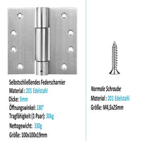 1 x RAW Customer Returns MOUNTAIN ARK Door hinge automatic closing door hinge 201 stainless steel 2 pieces 100x100mm, adjustable tension spring hinge 305 degree opening angle one pair load capacity 30kg surface brushed - RRP €20.99