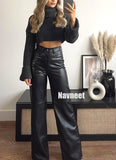 1 x RAW Customer Returns Navneet leather pants women wide straight leg pants wide leg flared pants PU faux leather pants high waist with pocket party black M - RRP €34.27