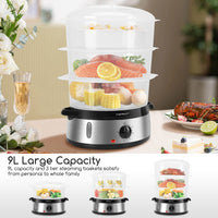 1 x RAW Customer Returns Aigostar steamer with timer 9L, 3-tier stacking baskets rice bowl, 800W electric steamer, automatic switch-off, stainless steel BPA free, silver black. DISPOSABLE PACKAGING. - Fitfoodie Steel 30INA - RRP €35.28