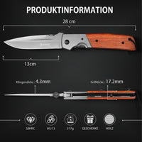 1 x RAW Customer Returns NedFoss DA52 folding knife, 28cm large one-hand knife with wooden handle, sharp pocket knife with belt clip, stable outdoor knife, survival knife, garden knife for everyday use, as a collection gift - RRP €29.21