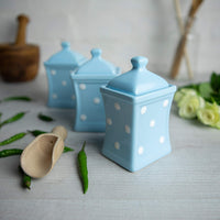 1 x Brand New City to Cottage - Ceramic Kitchen Container 150 ml Set of 3 Light Blue and White Polka Dots Handmade Container with Lid Ceramic Cookie Jar - RRP €65.3