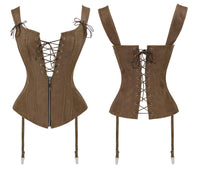 1 x RAW Customer Returns Charmian Women s Renaissance Lace Up Vintage Boned Bustier Corset with Garters Brown Large - RRP €45.37