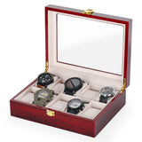 1 x RAW Customer Returns NORCEESAN watch box 10 compartments, watch box with glass lid, watch box with glass lid, dustproof, metal closure, wooden, watches, jewelry, brown, 26.4 x 7.8 x 20cm - RRP €20.33