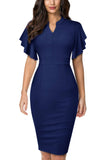 1 x RAW Customer Returns HOMEYEE Women s Elegant V-Neck Ruffle Sleeve Stretch Party Dress B572 XL, Dark Blue  - RRP €35.16