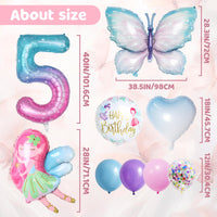 13 x Brand New Fairy Butterfly 5th Birthday Decoration - 13 Pieces Little Fairy Butterfly Balloons, XXL Butterfly Foil Balloon, Pink Blue Number 5 Balloon, Cute Wing Fairy Balloon for Girl s Party 5th Birthday - RRP €249.6