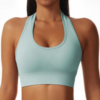 1 x RAW Customer Returns Vertvie Halterneck Sports Bra Backless Fitness Bustier Women Padded Push Up Bra Without Wire Sports Bra Top Yoga Bra Medium Support Workout Light Blue, M  - RRP €19.15