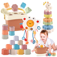 9 x Brand New in 1 Baby Toys Montessori Toy Set with Shape Sorting Box with 5 Blocks, 10 Stacking Cups, Unicorn Stacking Toy, Crab Pull Rope Toy Sensory Toy from 6 9 12 Months 1 2 3 Years - RRP €171.27