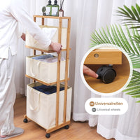 1 x RAW Customer Returns Yorbay Bamboo Laundry Hamper with Wheel, 3 Removable Baskets, Dirty Clothes Hamper, Bathroom Bedroom Storage Rack, Mobile, 121x34x42cm, Beige - RRP €68.84