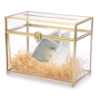 1 x RAW Customer Returns SUMNACON Wedding Gift Card Box Made of Glass Metal with Lock for Anniversary Christmas Wedding Birthday Baby Shower Party Gift Decoration Golden Rectangle  - RRP €53.44