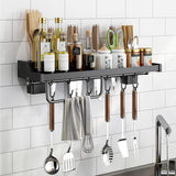 1 x RAW Customer Returns KYYLZ spice rack wall, kitchen holder without drilling with 6 hooks rods, black stainless steel hook rail kitchen helper hanging rail, spice rack kitchen shelf wall organizer for kitchen and bathroom 40 14.8 5.2CM  - RRP €17.14