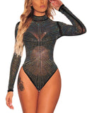 1 x RAW Customer Returns MAYFASEY Women s Dazzling Rhinestone Studded Mock Neck Bodysuit Sexy Jumpsuits Mesh Top, Black, XL - RRP €31.99