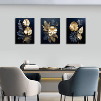 1 x RAW Customer Returns 3 pieces canvas pictures with frame, navy blue, gold, flowers, coconut leaf, picture on canvas, wall art, wall pictures, art print, decoration for living room, bedroom, ready to hang, 90 x 40 cm 30 x 40 x 3  - RRP €37.74