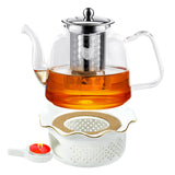 1 x RAW Customer Returns 1300ML Glass Teapot with Ceramic Warmer Set, Large Capacity 45 oz Heat Resistant Borosilicate Glass Teapot with Removable Stainless Steel Loose Tea Infuser - RRP €30.24