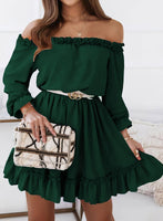 1 x RAW Customer Returns Dokotoo Dress Women Long Sleeve Elegant High Waist Solid Color Off Shoulder A-Line Mini Dress Party Dress Casual Dress Dating Dress Summer Dresses Ruffle Dress Green XL - RRP €30.24