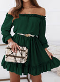 1 x RAW Customer Returns Dokotoo Dress Women Long Sleeve Elegant High Waist Solid Color Off Shoulder A-Line Mini Dress Party Dress Casual Dress Dating Dress Summer Dresses Ruffle Dress Green XL - RRP €30.24