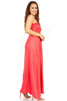 1 x Brand New Sakkas 5026 Comfortable Jersey Feel Solid Color Smocked Bodice String Halter Maxi Long Dress - Coral Medium - RRP €41.99