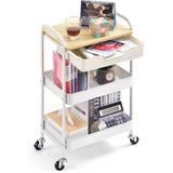 1 x RAW Customer Returns KINGRACK Kitchen Cart, 3-Tier Beauty Cart, Space-Saving Cart with Drawers, Bathroom Cart with Wheels, Storage Cart with Wooden Table Top, White Beige  - RRP €50.81