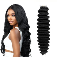 1 x Brand New Silk-co Tape in extensions real hair 40cm, deep wave hair extensions, 100 Remy natural black tape in hair extension real hair, real hair extension 20 pieces 40g pack 1B natural black 40cm - RRP €18.0