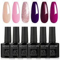 6 x Brand New GZMAYUEN UV Nail Polish Set Purple Color Gel Shellac Nail Polish 10ML Pink Glitter UV Gel Varnish Shellac Set, Gel Nail Polish Soak Off UV LED Nail Polish Gift for Nail Art Salon DIY Home - RRP €47.94