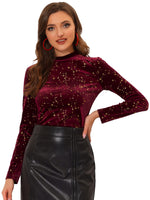 1 x RAW Customer Returns Allegra K Women s Velvet Blouse Long Sleeve Stand-Up Collar Glitter Stars Velvet Top Elegant Blouse Burgundy Red M - RRP €37.3