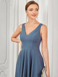 1 x Brand New ALISA PAN Women s Wedding Guest Dress Asymmetrical Long V-neck Sleeveless A Line Sexy Mist Blue 2L - RRP €22.8