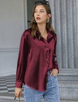 1 x RAW Customer Returns Zeagoo Women s Satin Blouse V Neck Casual Silk Blouse Long Sleeve Shirts Tunic Shirt, Burgundy, M - RRP €27.0