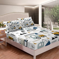 1 x RAW Customer Returns 3 Piece Single Bed Sheet Set - Construction Machinery Tractor, Digger, Truck, etc. Cartoon Style - White and Yellow - Fitted Sheet with Deep Pocket - RRP €36.12