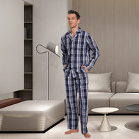 1 x RAW Customer Returns Mnamo Men s Pyjama Set 100 Cotton Men s Pajamas Checked Long Pyjamas with Pocket Black Blue Plaid, XXL  - RRP €37.3