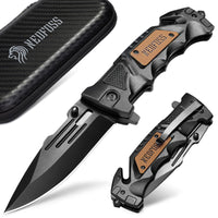 1 x RAW Customer Returns NedFoss DA75 rescue knife, 10CM folding knife with belt cutter glass breaker, pocket knife with liner lock ball bearing, one-hand knife for car, outdoor knife with clip in gift box, rescue knife - RRP €31.0